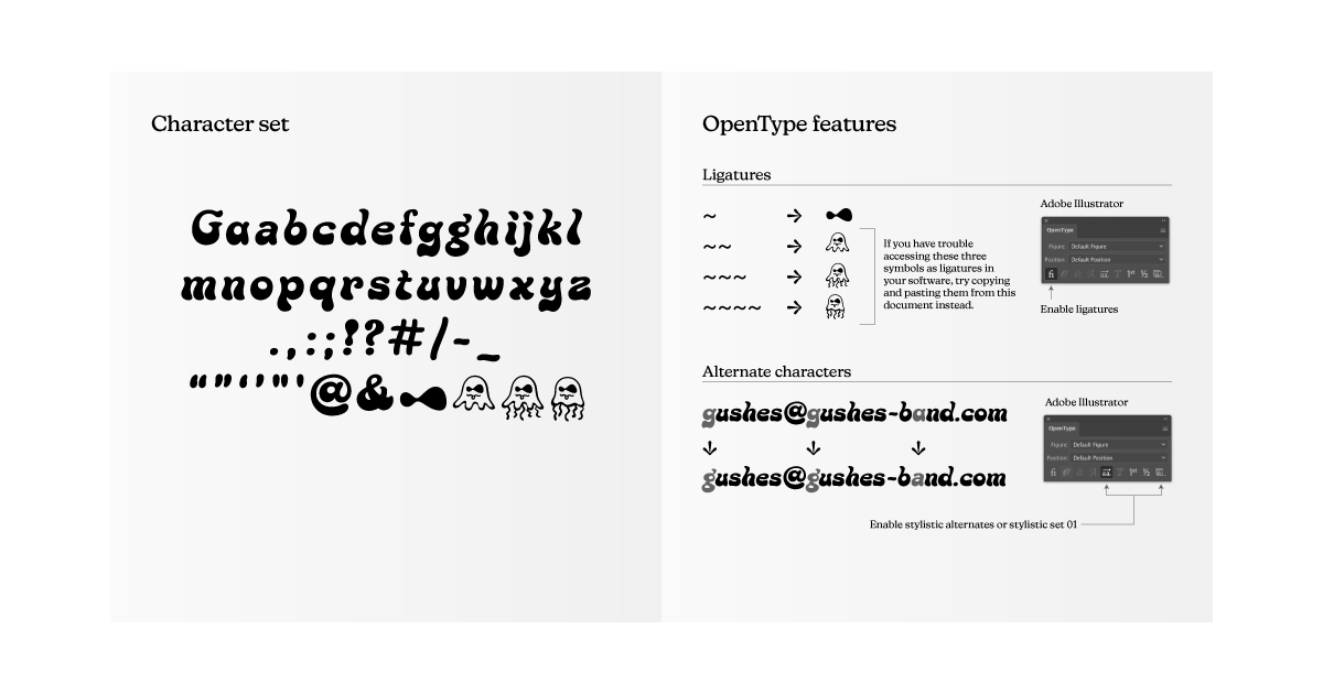 User guide showing the character set and how to access OpenType features.